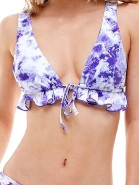 Purple and White Tie-Dye Bikini Top with Ruffle Edge
